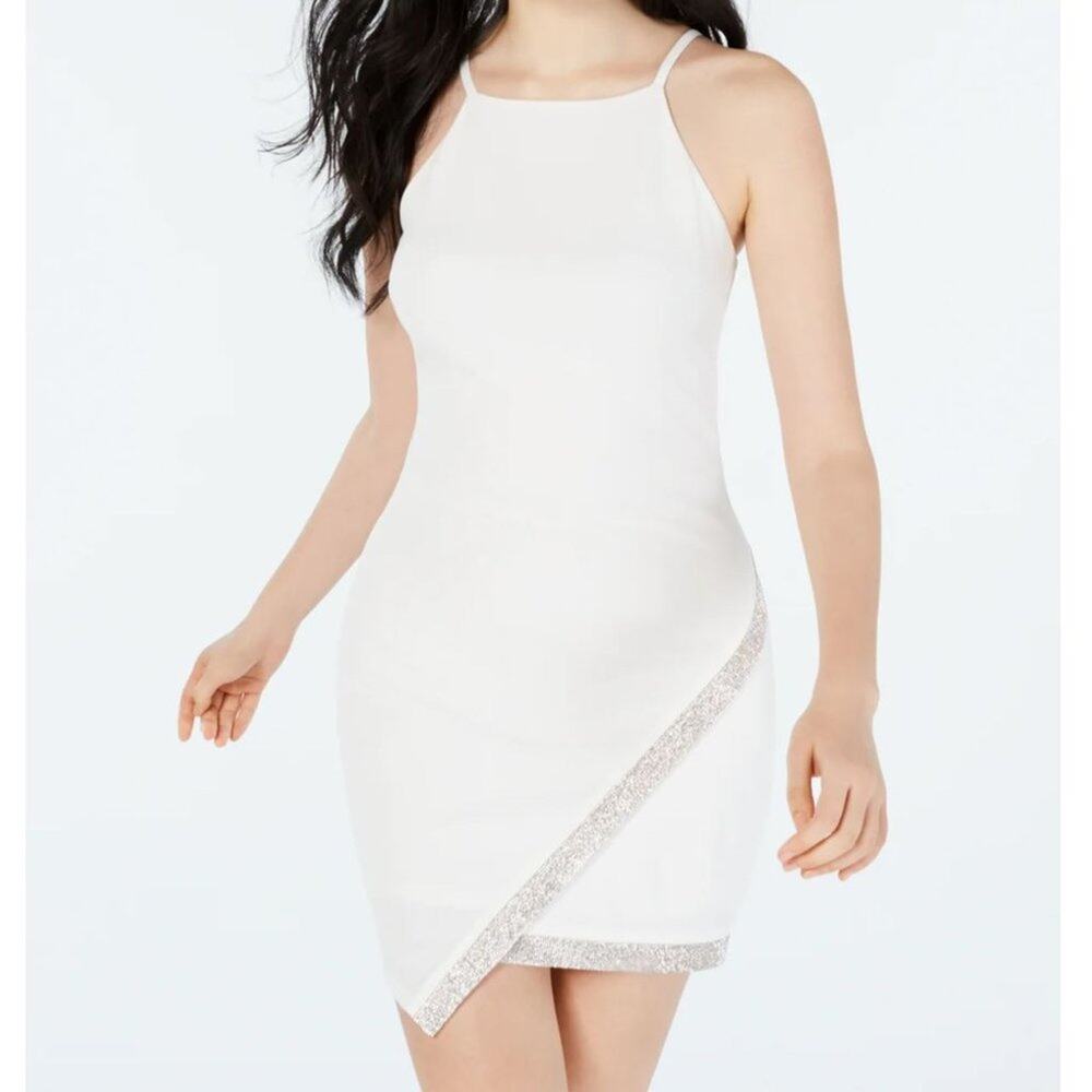 NWT$70 BCX JUNIORS' ASYMMETRICAL HEM RHINESTONE DRESS WHITE SIZE XXS